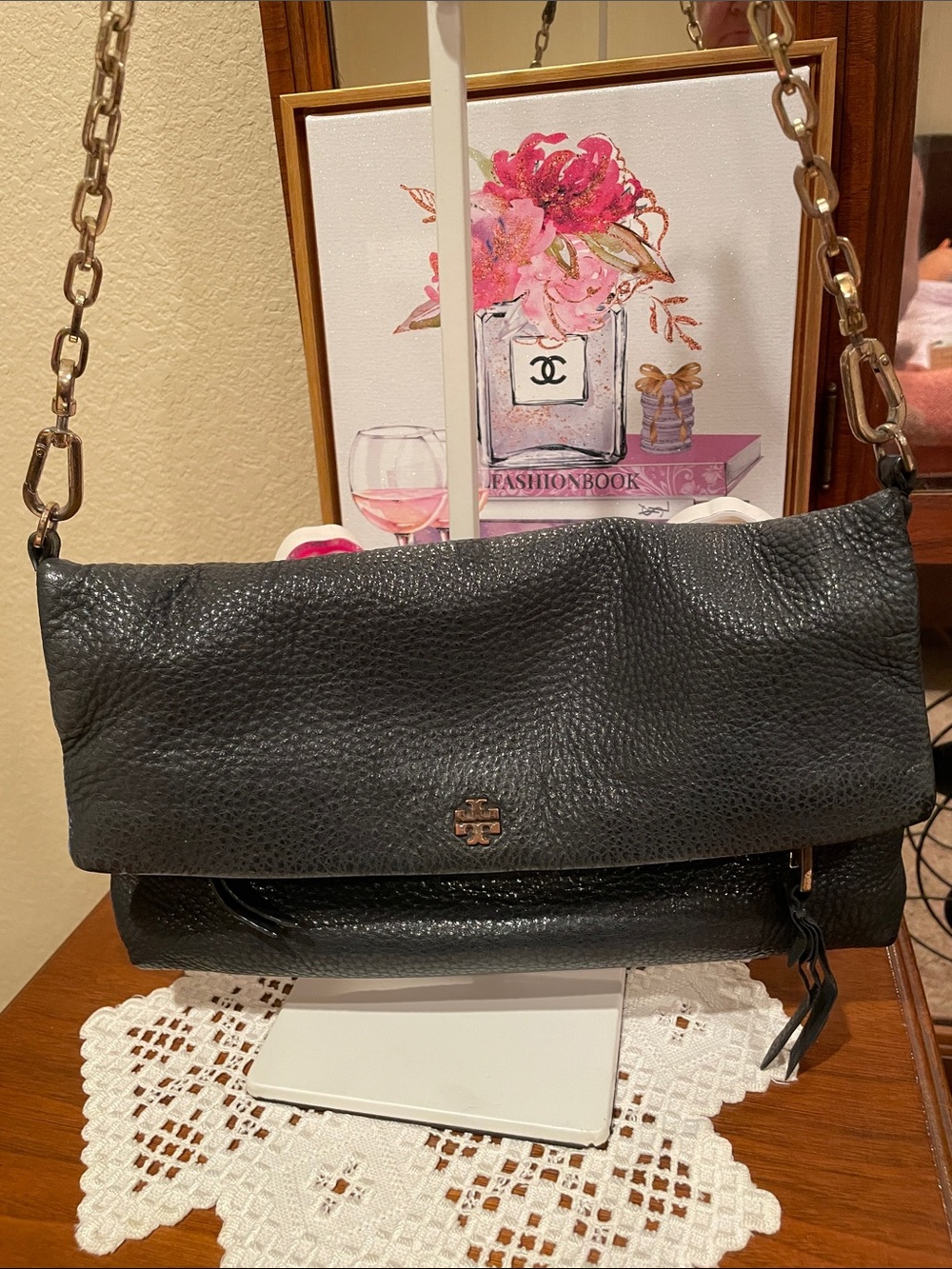 Tory Burch Black Pebbled Leather Fold-Over Crossbody Bag with Gold Chain
